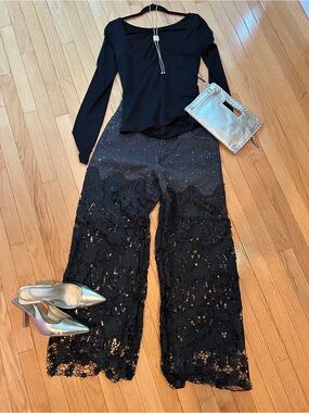 Black Crochet Wide-Leg Pants